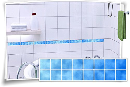 Medianlux Fliesenaufkleber Fliesenbordüre Bordüre Mosaik Hellblau Kachel Aufkleber FB4, 4 Stück, 25x6,5cm (BxH)