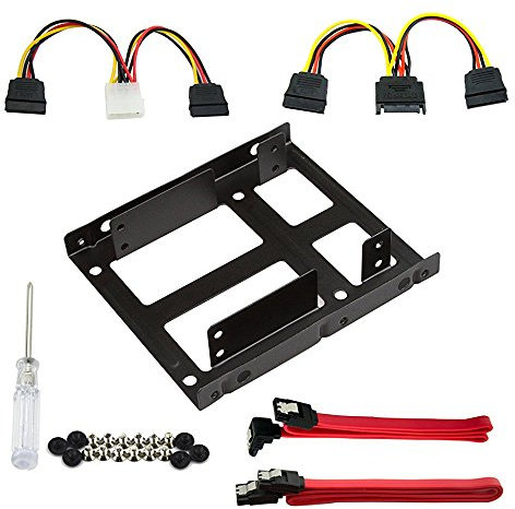 2x 2.5 Inch SSD to 3.5 Inch Internal Hard Disk Drive Mounting Kit Installation Bracket Frame Fits for Most Popular PC Casings with SATA Data Cables and Power Cables