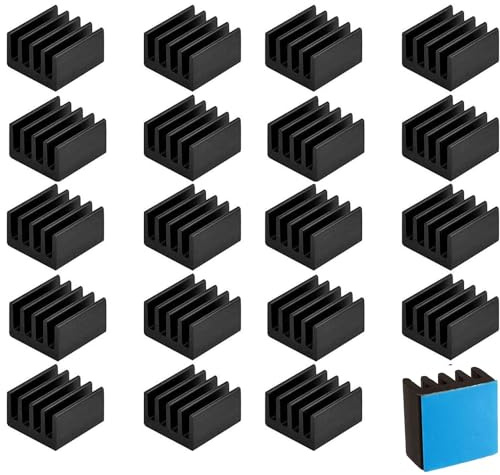 Easycargo 20pcs 9mm Small mini Heatsink Kit 9x9x5mm + 3M 8810 Thermal Conductive Adhesive Tape, mini Cooler Aluminum Heat Sink for Cooling VRM GPU Stepper Driver MOSFET VRam Regulators (9mmx9mmx5mm)