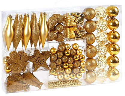 Lot de 102 Boules de Noël Or Décorations pour Sapin en Plastique Robuste Décoration de Noël intérieur extérieur