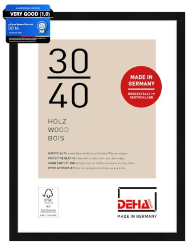 DEHA Design Holz Bilderrahmen Fontana, 30 x 40 cm, Schwarz | Holz Fotorahmen im Hoch- & Querformat zum Aufhängen Schwarz matt bruchsicheres Kunstglas