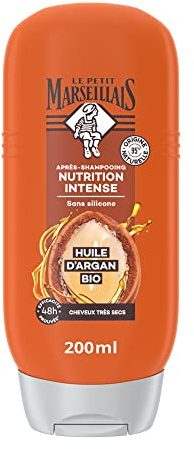 Le Petit Marseillais | Après-Shampooing Nutrition Intense Huile d'Argan Bio (flacon de 200 ml) – Soin cheveux sans silicone pour cheveux très secs – 95 % d'ingrédients d'origine naturelle