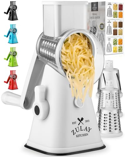 Râpe à Fromage Rotative avec Aspiration Améliorée et Renforcée - Râpe à Fromage Ronde avec 3 Tambours en Acier Inoxydable Remplaçables - Trancheuse de Légumes & Broyeur de Noix (Blanc)