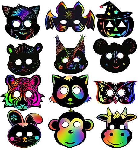 LAMEK 24pcs Kratzbilder Maske Kinder Kratzpapier Tiermasken Bastelset DIY Mitgebsel Set zum Basteln Rubbelkarten Regenbogen Kratzmasken mit 12 Holzstiften für Halloween Karneval Geburtstag,12 Design