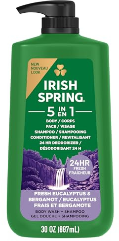 Irish Spring 5 in 1 Moisturizing Body Wash for Men, Shampoo, Conditioner, Body and Face Wash, and 24 Hour Deodorizer, Paraben-Free, Fresh Eucalyptus & Bergamot Scent, 30 fl oz - Packaging may vary