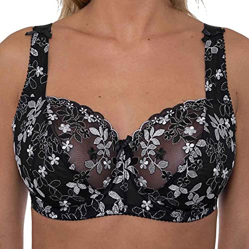Gemm Reggiseno da donna taglie forti nero rosa turchese ricamato grande seno pizzo ferretto tazza solida, Nero e argento., 5J