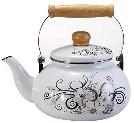 SGSG Théière en émail de 2,1 L Bouilloire Florale en Porcelaine Blanche cafetière Turque rétro Bouilloire à thé avec poignée Anti-brûlure pour cuisinière à gaz et cuisinière à Induction