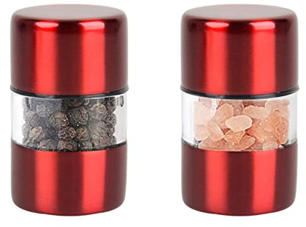 T-mark Juego de molinillo de sal y pimienta marina, molinillo de especias con acero inoxidable cepillado, pequeños saleros y pimenteros de cerámica portátiles (paquete de 2) (rojo)