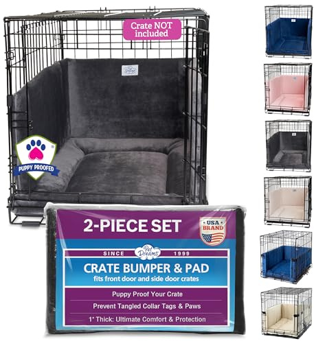Pet Dreams Dog Crate Bumper & Mat Set- Patented Comfy Liner & Dog Tail Protector for Inside Crate, fits iCrate Cages 18, 24, 30, 36, 42, 48 Inches (Grey, X-Small, 18“)