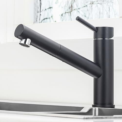 ONECE Wasserhahn Küche Schwarz mit ausziehbar, Spültischarmatur aus Edelstahl SUS304, Küchenarmatur Hochdruck mit 150° drehbar, Mischbatterie für Küche