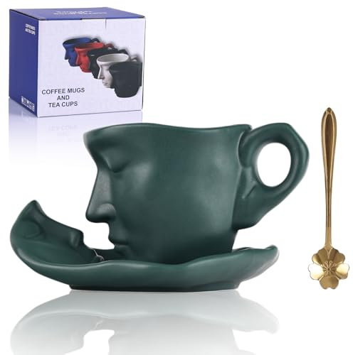 oliruim Kaffeebecher-Set, kreative abstrakte Kunst, küssende Kaffeetasse, mit Scheibe und Löffel, leichtes Luxus-Familienbüro-Geschirr-Dekoration (grün)