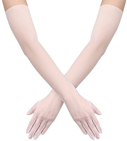 SAVITA Lange Damenhandschuhe, Dehnbar Ellenbogenlänge 70cm Transparent Lange Tüll Handschuhe Netzhandschuhe Halloween Weiß für Kostüm Cosplay Oper Hochzeit Brautparty Abschlussball