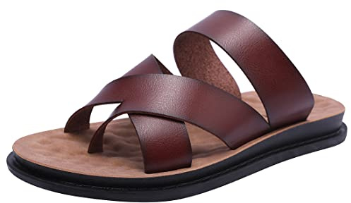 Harssidanzar Sandales pour hommes,été antidérapant Cross Band slide sandales Toe ring style Outdoor & Indoor KM221EU,Selle,taille 45