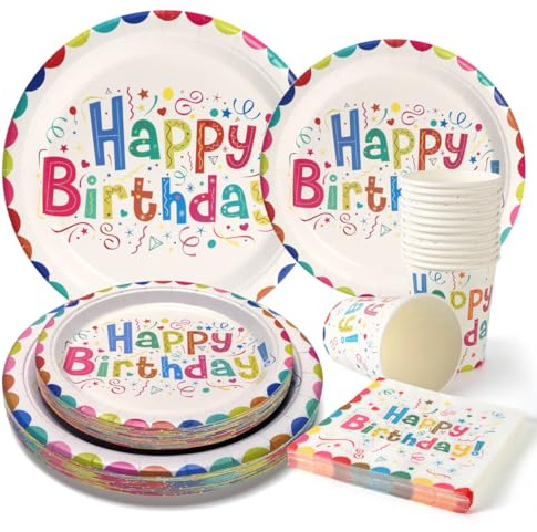 Party Go 100PC Geburstag Partygeschirr Pappteller Set Bunte Partyteller Partybecher Servietten Geburstag Pappteller Kindergeburtstag Mädchen Junge für 25 Gäste