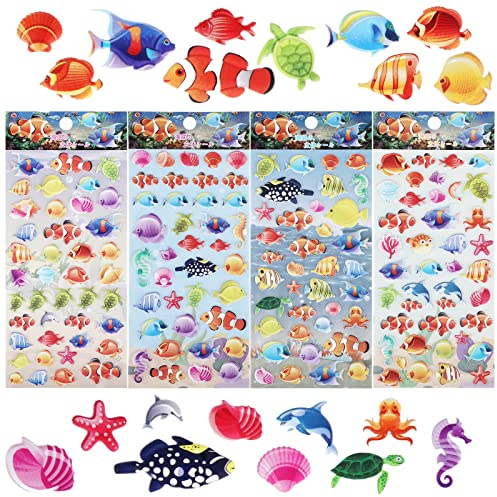 TIESOME 3D Aufkleber für Kinder, 4 Blätter Geschwollen Stickers, Ozean Tier Lebhaft Relief Kinder Sticker Tieraufkleber Tropische Fische Meeresschildkröten Aufkleber für Jungen Mädchen Gastgeschenke