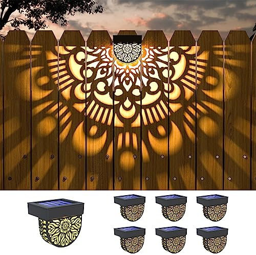 EKQ 6 Pack Solar Fence Lights Outdoor Wall Lights Black Plastic Solar Powered Deck Step Stair Lights Mandala Theme Waterproof Fence Solar Light for Garden Post Patio Backyard Yard Decor