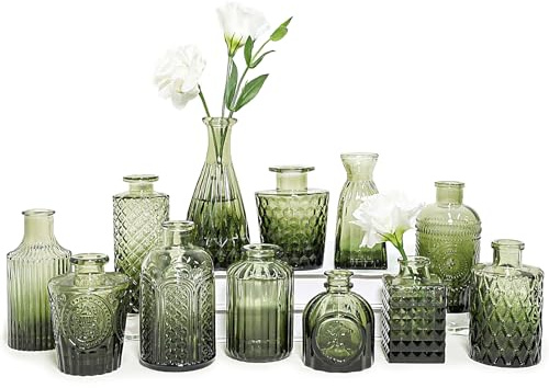 SUPMIND 12pcs Glass Bud Vase Set, Small Green Flower Vases for Centerpieces in Bulk, Mini Vintage Vase for Wedding, Home,Table Decoration