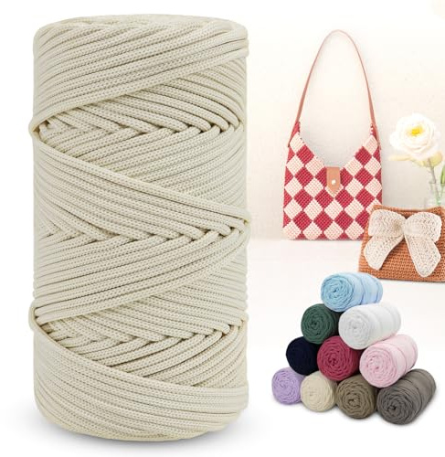 LEREATI Cordino per Borse Uncinetto, Corda Macrame 4mm x 150m Filo Macrame Corda in Poliestere, Fettuccia per Borse a Uncinetto Arazzo da Parete Maglieria Decorazioni Fai da Te (Bianco-Albicocca)