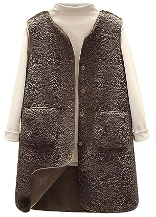 Gilet d'hiver chaud en fausse peau de mouton pour femme avec poche polaire et poche mi-longue, café, M