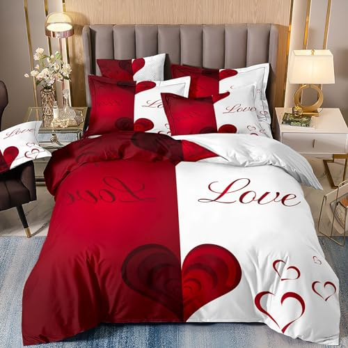 Freyamy Partner Bettwäsche 135x200cm 4teilig Rot Weiß 3D Herz Bettwäsche für Paare 100% Mikrofaser Pärchen Bettwaren-Sets Liebe Liebhaber Bettbezug mit Reißverschluss und 2 Kissenbezug 80x80cm