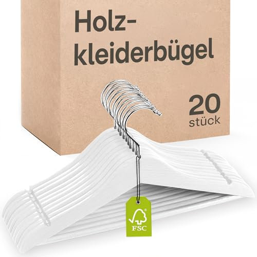 Praknu Galgar Trä Vita - Set om - Klädhängare av FSC®-certifierat Trä med Byxstänger - 360° Vridbar Krok - Klädgalgar Vit