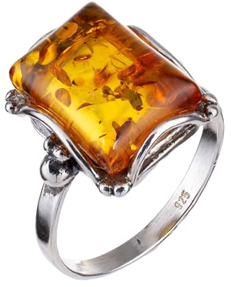 HolidayGiftShops Sterling Silver and Baltic Honey Amber Rectangle Ring Makell - Size 9.5, Yellow Orange