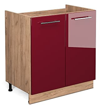 Vicco Meuble Bas sous-évier Fame-Line, Rouge Bordeaux Haute Brillance, 80cm, PT Anthracite, à Combiner avec d'autres modules de la série Fame-Line