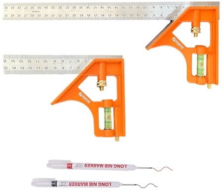 FEETE Equerre de combinaison Set 150mm & 300mm, Equerre de charpentier lourde, Equerre de combinaison avec niveaux à bulle pour des mesures précises et réglables en menuiserie, Combination Square