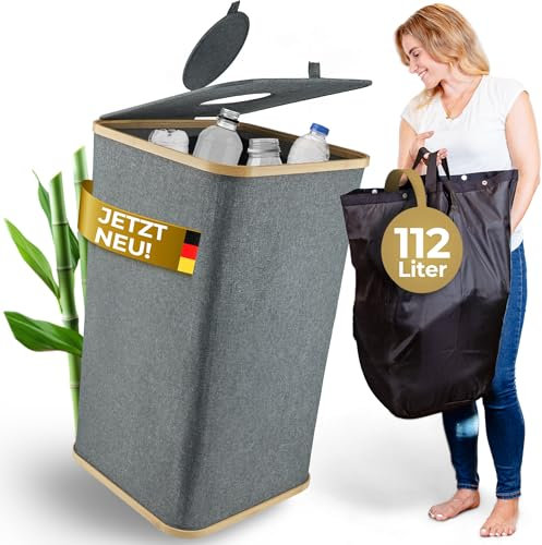 ALMAGI® - Pfandflaschen Sammelbehälter XXL – Praktische Pfandflaschen Aufbewahrung mit herausnehmbarer wasserfester Innentasche – Extrem stabil dank unterem Bambusrahmen [112 L] Recycling Behälter