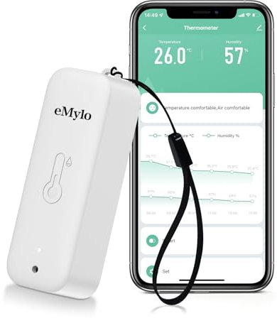 eMylo Termometro Ambiente Interno, Igrometro Umidità Casa WiFi, Con Smart Alert, Archiviazione e calibrazione dei dati, Termoigrometro per camera da letto, Magazzino, Cantina, Serra, Bianco 1 Pack