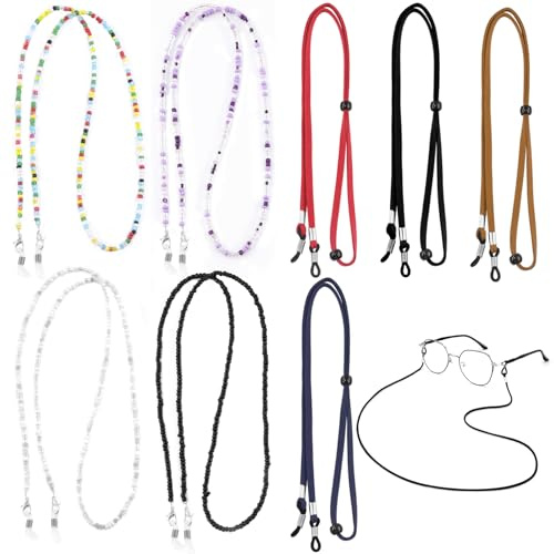 Keadic Set di 8 fasce colorate per occhiali, regolabili, antiscivolo, per sport, stringa, occhiali da sole, corda per occhiali da sole, supporto per occhiali intorno al collo per uomini e donne, Nero