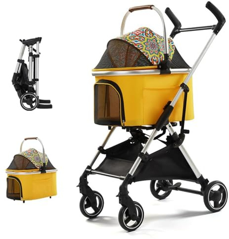 3-in-1 Hundebuggy, Abnehmbarer, Zusammenklappbarer Hundewagen für Mittelgroße Und Kleine Hunde Und Katzen, mit Einem Klick Zusammenklappbar (gelb)