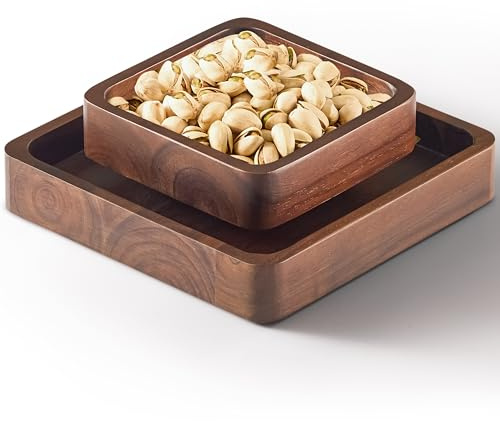 FANATU Holz-Pistazien-Snackschale mit Muschelaufbewahrung, doppelter Geschirrhalter, Nussschale, Sockel für Sonnenblumenkerne, Erdnüsse, Kirschen, Edamame (Walnuss)
