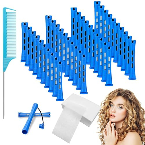40 PCS Perm Rods 30 PCS Perm Papers Rat Tail Comb Blue, Perm Rollers Short Cold Wave Rods Perming Rods Rollers Curlers With Perming Kit for Hairdressing Styling Supplies for Long & Short Hair Or DIY