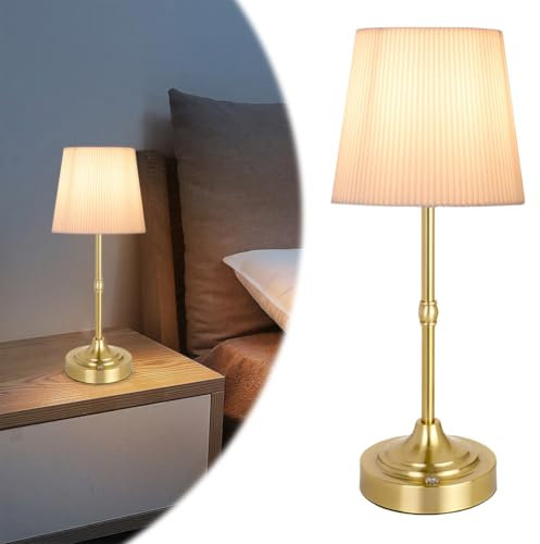 Lámpara de mesita de noche táctil, lámpara táctil LED, lámpara de mesa inalámbrica, recargable, sin cable, lámpara decorativa inalámbrica de tela, para mesita de noche, dormitorio, salón (dorado,