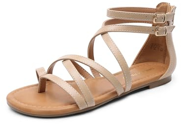 DREAM PAIRS Women's Dressy Gladiator Summer Cross Strappy Sandals Comfort Flat Casual Beach Fisherman Thong sandals,Size 8,Nude,DWUMFS2502