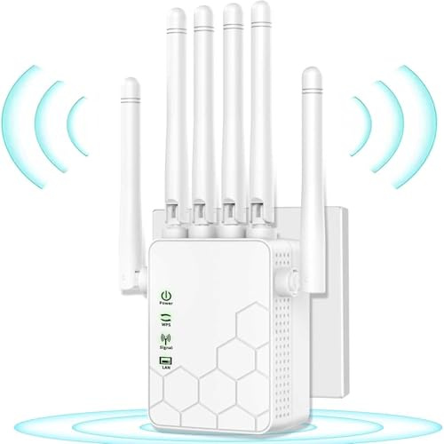 WiFi Extender, 2025 New WiFi Repeater, WiFi Amplifier with 6 Powerful Antennas, 2 LAN Ports, Repeater/Router/Ap Mode, Quick Setup, UK Plugs
