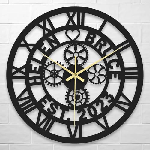 LINMQIU Orologio da parete Ingranaggi personalizzato con nome, Grande orologio parete personalizzato in legno per camera da letto soggiorno Decorazione della stanza Regali di inaugurazione della casa