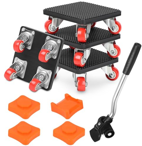 Möbeltransportrollen Set mit 4 Transportroller, 1 Hebegestell, 4 Höhenversteller, 360 Grad Drehbar Rads, Möbelheber Möbelgleiter für schwere möbel