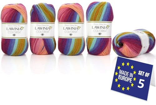 LAWINIA - COLORISH Premium Lana Multicolore Sfumata, Gomitolo Lana per Uncinetto 5 x 100g -350m Gomitoli di Multicolore, Batik, Filati per Uncinetto, Wool Arcobaleno, Rainbow Yarn