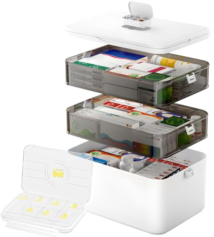 Medikamenten Aufbewahrung – Medizinbox mit Tablettenbox 7 Tage, 3-schichtige Hausapotheke Box mit Fächern, Groß 28x24x16 cm, Medikamentenbox Organizer für Zuhause & Reise – Stapelbar, BPA-frei
