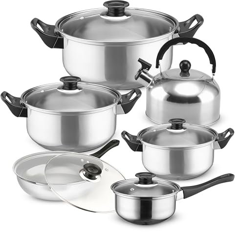 Retoo Kochtopfset 12-teilig aus Edelstahl, Töpfe mit Glasdeckel, Kochtöpfe mit ergonomischen Griffen, Topfset für alle Herdarten, Spülmaschinengeeignet, silber-schwarz