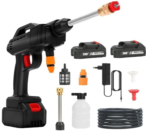 Nettoyeur haute pression sans fil avec 2 batteries, 21 V max 35 bar, avec tuyau de 5 m, pichet à mousse, 2 buses, portable pour voiture, terrasse, fenêtre, piscine (2000 mAh)