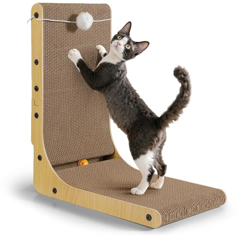 Gimars Rascador de Gato Grueso en Forma de L de 68 cm, Tabla de rascar con Bolas de Felpa y Hierba gatera, rascador de cartón de Gran tamaño montado en la Pared, Juguetes para Proteger Muebles