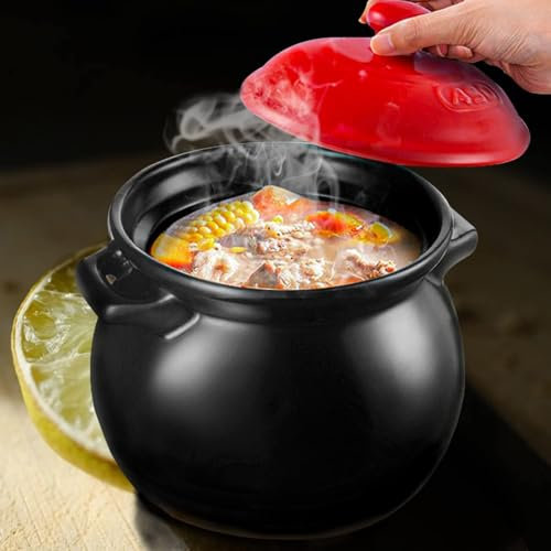 Ollas de Barro con asa y Tapa, cazuela pequeña de 4,6 l, Antideslizante y con Gran Capacidad de Almacenamiento de Calor, Olla de gres Negra.