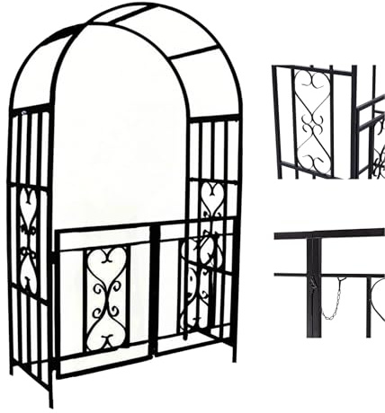 Arche de jardin en métal durable avec portail – Pergola noire de 210 cm pour plantes grimpantes et décoration de pelouse avec 4 piquets pour plus de stabilité