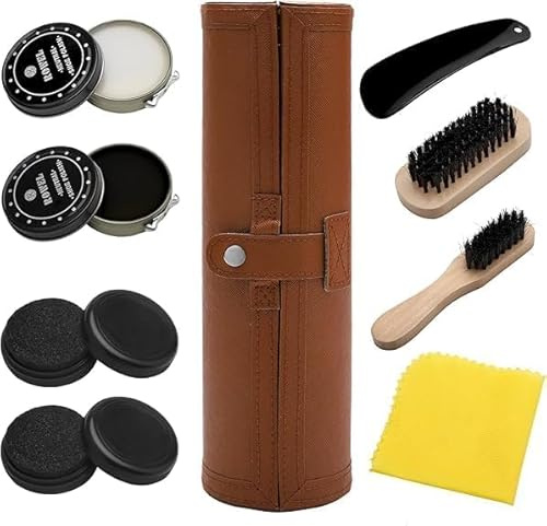 VOSSOT Juego de 9 piezas para limpiar zapatos, cuidado de zapatos, crema y cuidado con cera, cepillos para pulir, paño de pulido, calzado, cuidado de zapatos, limpieza de zapatos, juego de viaje