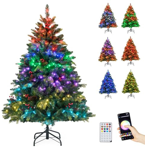 COSTWAY Árbol de Navidad con Luces Incorporadas 150cm, 250 Luces RGB Multicolores Controladas por App, Mando a Distancia, Decoración, 584 Puntas de PE y PVC, Christmas Tree w/Light (150cm)