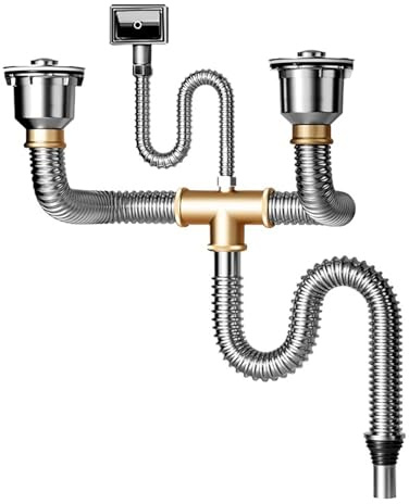 Doppelwaschbecken Ablaufgarnitur, Küchen Raumsparsiphon, Universelles Flexible Küchenspülen Abflussrohr mit Edelstahl S-Biegung Geeignet für Außenspülen in privaten Küchen