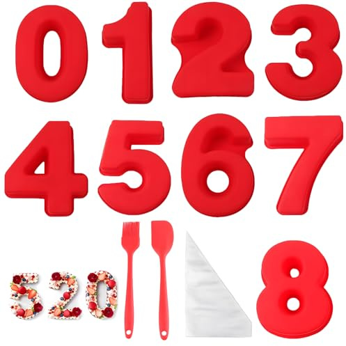 DGMI 9 Pcs Number Cake Molds, Large Number Cake Tins, Silicone 3D Cake Mould with Piping Bag, Silicone Oil Brush, Spatula for Baking, Birthday, Special Days (Red)